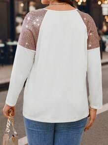 Calvaya Kích thước lớn Của phụ nữ Lấp lánh Tim Kim sa Chèn Áo thun Với Raglan - Màu be - Xem 2