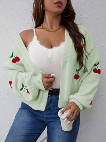 SHEIN Franclia Women's Plus Size Cherry Print Cardigan With Open Front - Mint Green - View 1