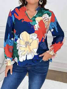 SHEIN Franclia 大尺碼女蕾絲袖花卉印花襯衫 - 藏蓝色 - 查看 3