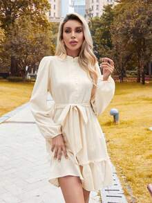 SHEIN Privé Vestido De Manga Larga Para Mujer Con Dobladillo Con Volantes - Albaricoque - Ver 5