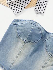 Soleia 鬆緊收褶後背漂白洗水筒身牛仔上衣 - 藍色 - 查看 4