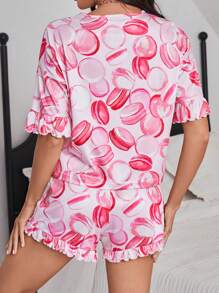 女士甜點印花荷葉邊睡衣套裝 - 粉色 - 查看 2