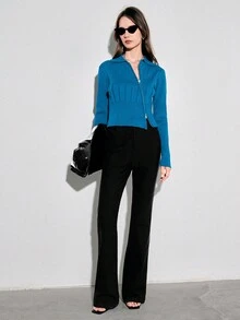 Anewsta 女款雙拉鍊棒球領針織衫 - 藍色 - 查看 4