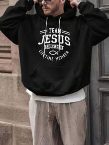 Men's Hooded Fleece Sweatshirt With Letter Print - Black - View 1