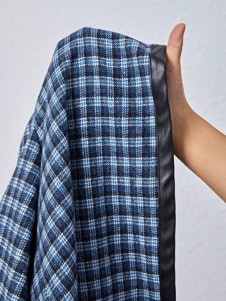 Women'S Plaid Collar Open Front Woolen Coat Winter Casual Check Blue