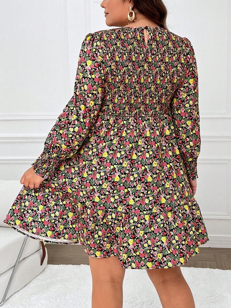 Plus Size Ladies' Wrap-Front Floral Print Shirred Dress