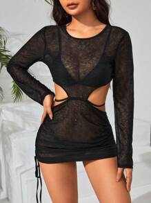 SHEIN Swim 背心式透明網眼側邊束腰設計泳裝套裝 - 黑色 - 查看 3