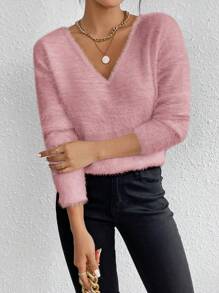 SHEIN LUNE Women's Plush V-Neck Sweater,Long Sleeve Tops Knit Pullover Fall Winter Sweater - Dusty Pink - View 5