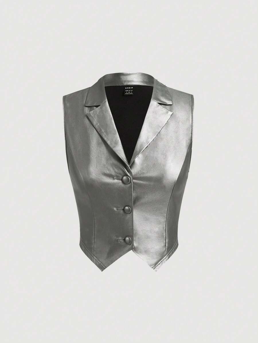 SHEIN MOD Single Breasted Suit Collar Vest Jacket - Silver - View 1