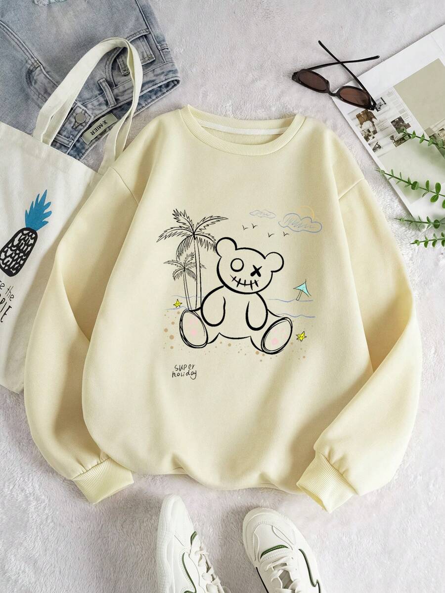 SHEIN EZwear Của phụ nữ Hoạt hình & Chữ in Lông cừu Áo nỉ - Màu be - Xem 1