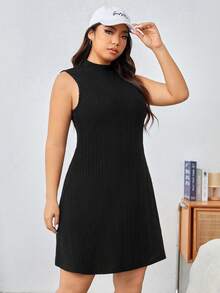 SHEIN EZwear Women's Plus Size Solid Color Rib Knitted Sleeveless Dress - Black - View 3