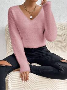 SHEIN LUNE Women's Plush V-Neck Sweater,Long Sleeve Tops Knit Pullover Fall Winter Sweater - Dusty Pink - View 4