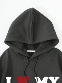 Men's Letter And Heart Print Hooded Casual Sweatshirt - Dark Grey - View 3