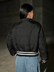 SHEIN EZwear 條紋立領夾克風格加厚保暖外套 - 黑色 - 查看 2