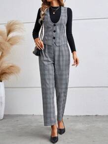 SHEIN Frenchy 女士格紋西裝背心和長褲套裝