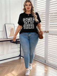 SHEIN LUNE Plus Size Women's Slogan Printed T-shirt - Black and White - View 4