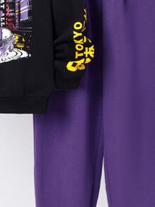 SHEIN Boys' Casual Letter Print Hoodie And Solid Color Pants Knitted Suit, Winter - Black - View 4