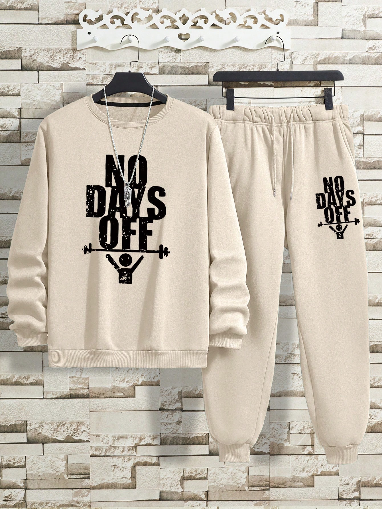 Men's Letter Printed Fleece Sweatshirt And Sweatpants Set