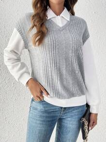 EMERY ROSE 女式拼布翻领罗纹运动衫、长袖上衣