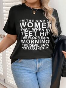 SHEIN LUNE Plus Size Women's Slogan Printed T-shirt - Black and White - View 5