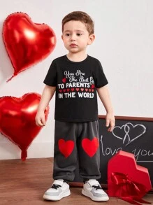 SHEIN Em bé Con trai Lá thư In Ngắn tay Vòng cổ Áo Và Quần có chân Bộ - màu đen - Xem 6