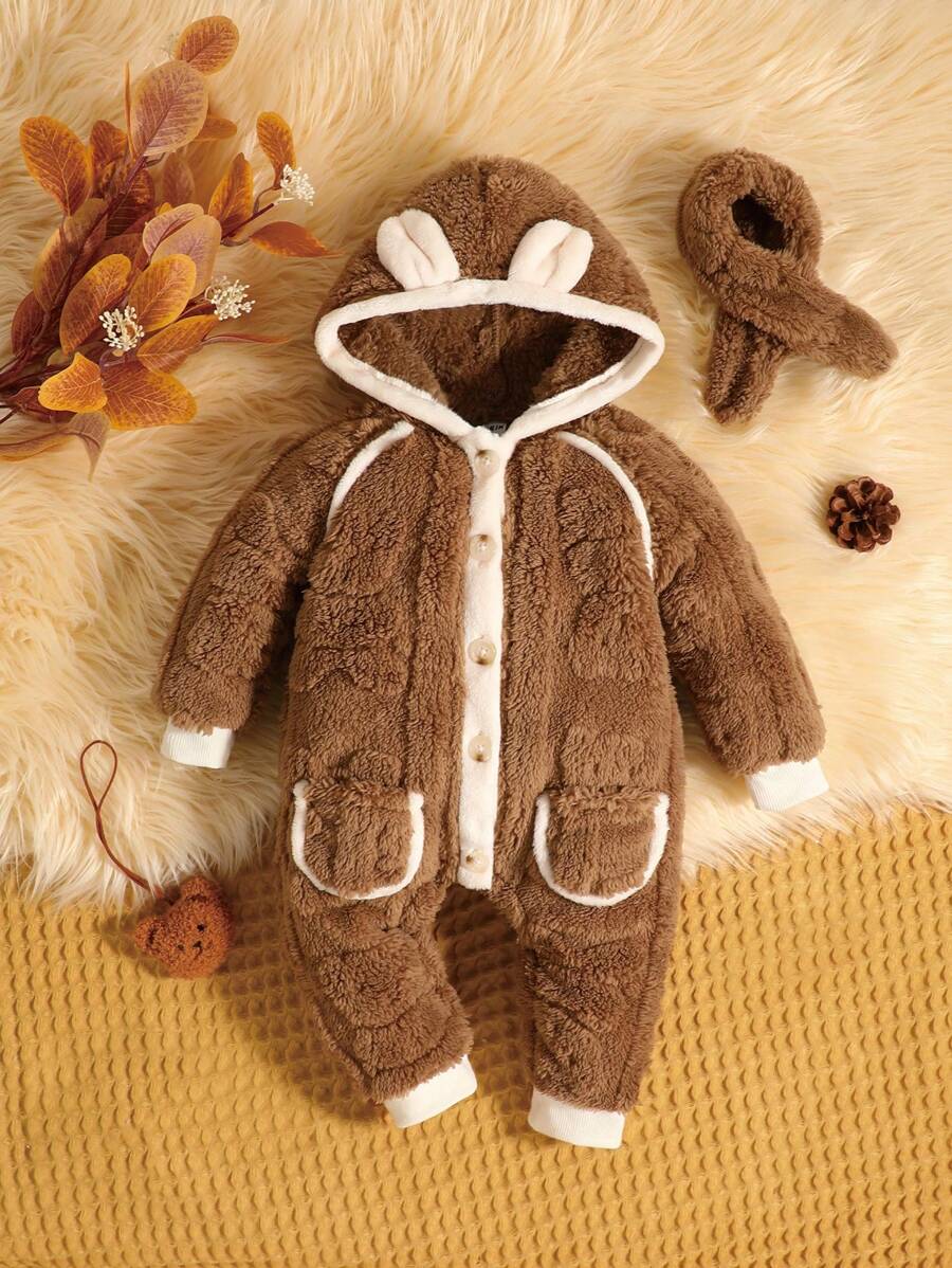 Cute Bear Patterned Jumpsuit For Infants, Winter - Brown - View 1