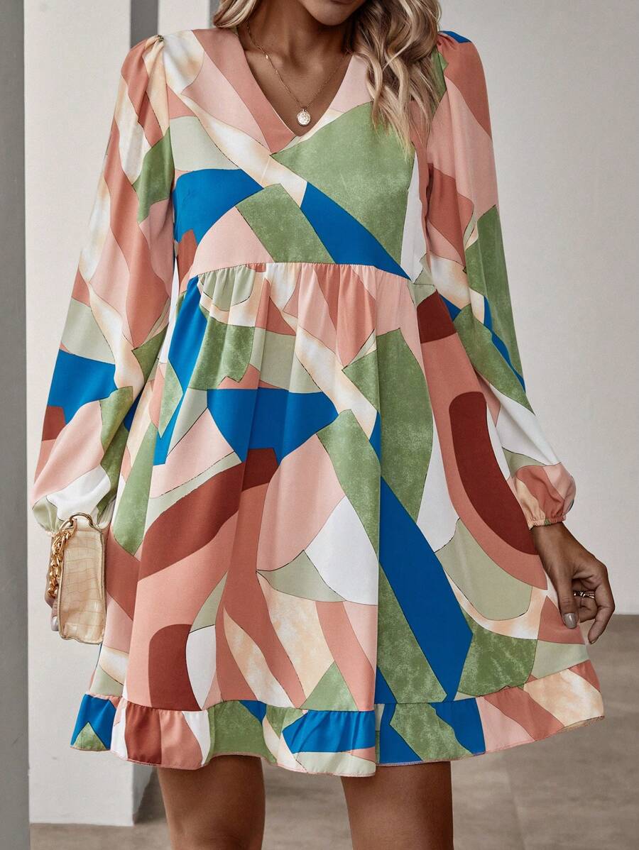 SHEIN LUNE Women's Geometric Pattern Puff Sleeve Dress - Multicolor - View 1