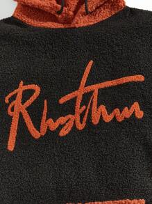 GENTILAND Oversized Men's Letter Print Kangaroo Pocket Hooded Plush Sweatshirt With Drawstring - Multicolor - View 4