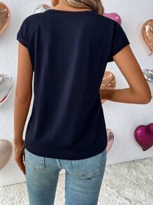 SHEIN LUNE Valentine's Day All Over Heart Embroidered V-Neck T-Shirt