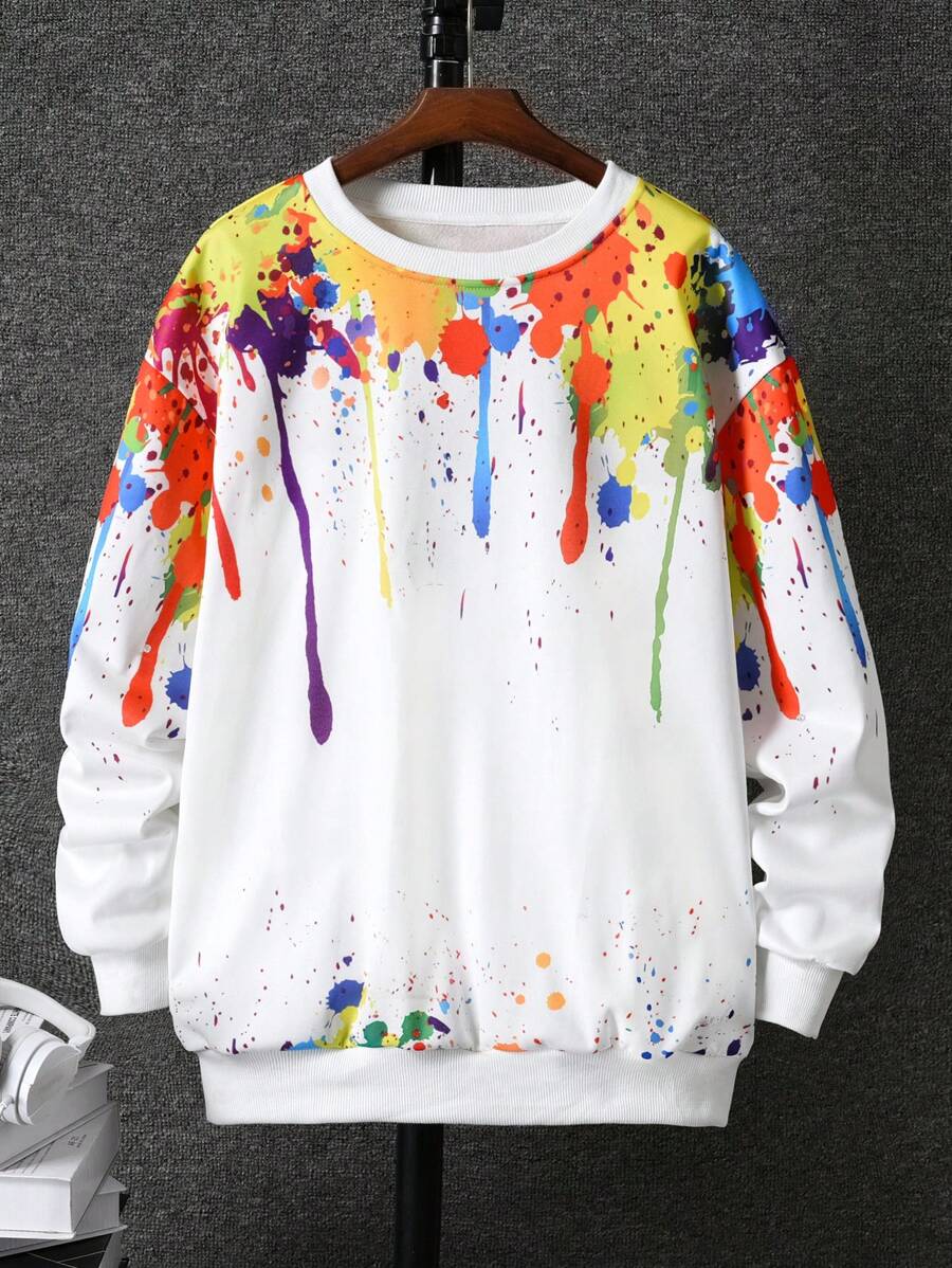 Men's Ink Splatter Print Round Neck Sweatshirt - White - View 1