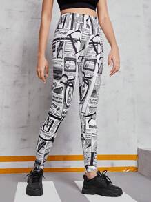 Teenage Girls' Knitted Newspaper Pattern Printed Casual Leggings - Black and White - View 5