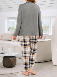 Conjunto De Pijama De Talla Grande Con Patrón De Oso De Dibujos Animados, De Manga Larga Y Pantalón Largo