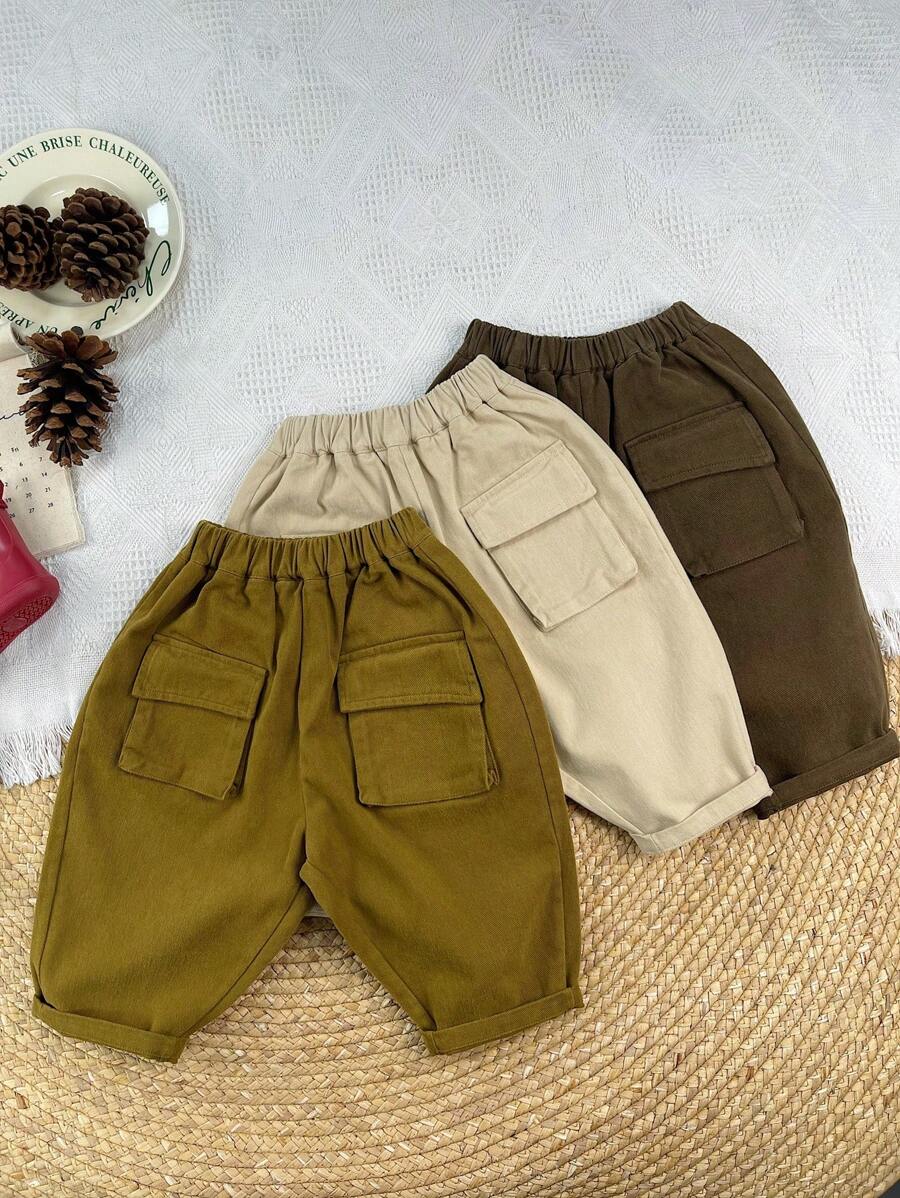 Young Boy Elastic Waist Cargo Pants - Brown - View 1