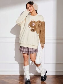 SHEIN EZwear 小熊貼片落肩毛衣 - 杏色 - 查看 4