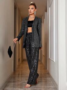 EURMUSE Women's Glitter Long Sleeve Jacket And Pants Set - Silver - View 4