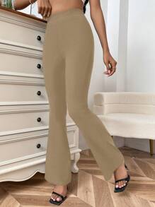 SHEIN Privé 女士彈性腰喇叭褲 - 杏色 - 查看 2