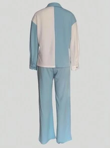 Camisa con bolsillo de bloques de color y pantalones de pierna ancha, conjunto casual y elegante de primavera - Celeste - Ver 2
