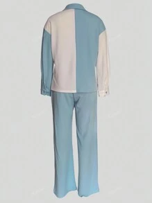 de color combinado con parche de bolsillo Camisa & Pantalones de pierna ancha
