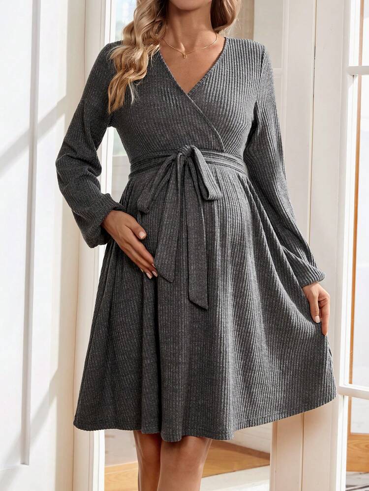 Maternity V-Neck Belted Dress