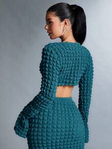 SHEIN BAE 女式純色紋理短上衣 - 藏蓝色 - 查看 2