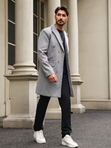 Manfinity Homme Men's Loose Double-Breasted Mid-Length Overcoat - Grey - View 6