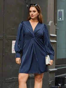 SHEIN Privé Plus Twist Front Lantern Sleeve Dress - Navy Blue - View 1