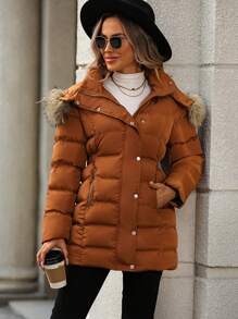SHEIN Essnce 女士连帽加厚棉服外套冬季 - 鏽棕色 - 查看 5