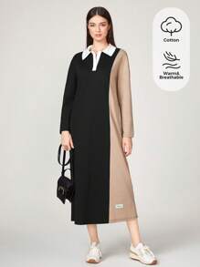 Seusyu 雙色字母貼布Polo領T恤洋裝