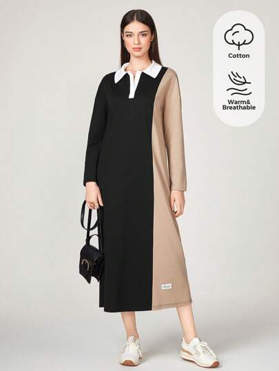 Seusyu 雙色字母貼布Polo領T恤洋裝