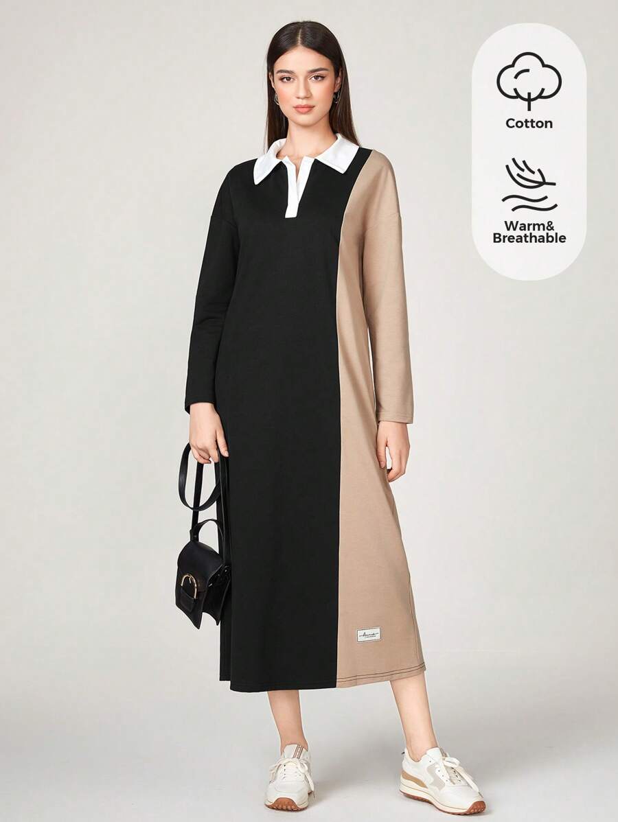 Seusyu 雙色字母貼布Polo領T恤洋裝