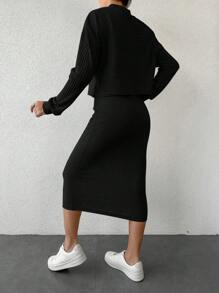 Women's Stand Collar Ribbed Top And Skirt Set