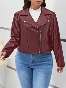 SHEIN Frenchy Plus Zip Up PU Leather Moto Jacket - Burgundy - View 7