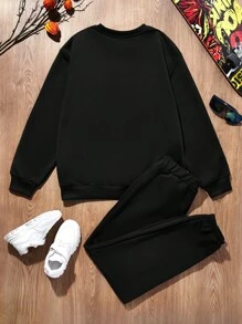 適合秋冬季的青少年男孩休閒字母印花連帽衫和褲子套裝 - 黑色 - 查看 2