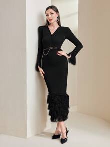 Modelyn Fuzzy Trim Split Back Belted Bodycon Dress - Black - View 4